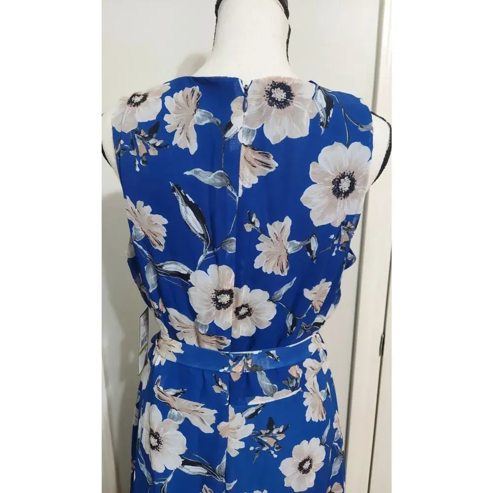 Jessica Howard Missy 14 Blue Floral Chiffon Faux-Wrap Midi Dress Ruffle Tie NWT